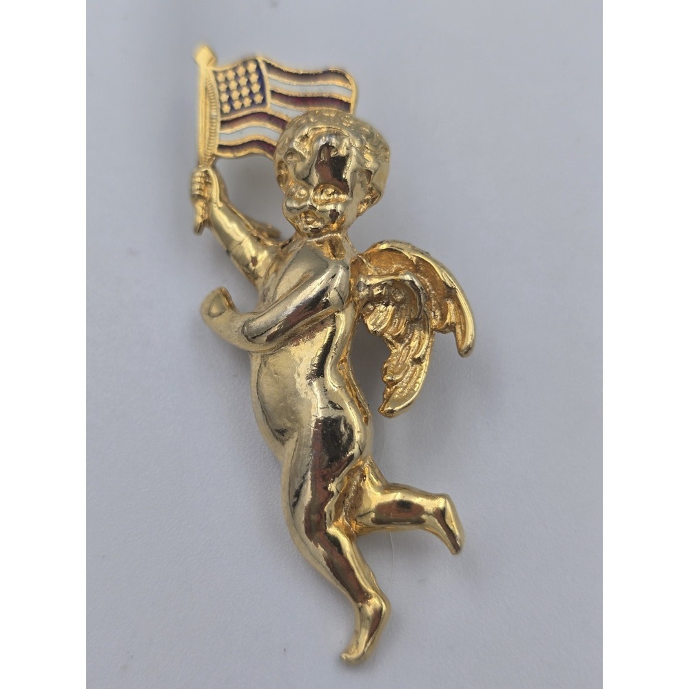 Vintage Gold Tone Cherub Angel American Flag‎ Patriotic Brooch Pin